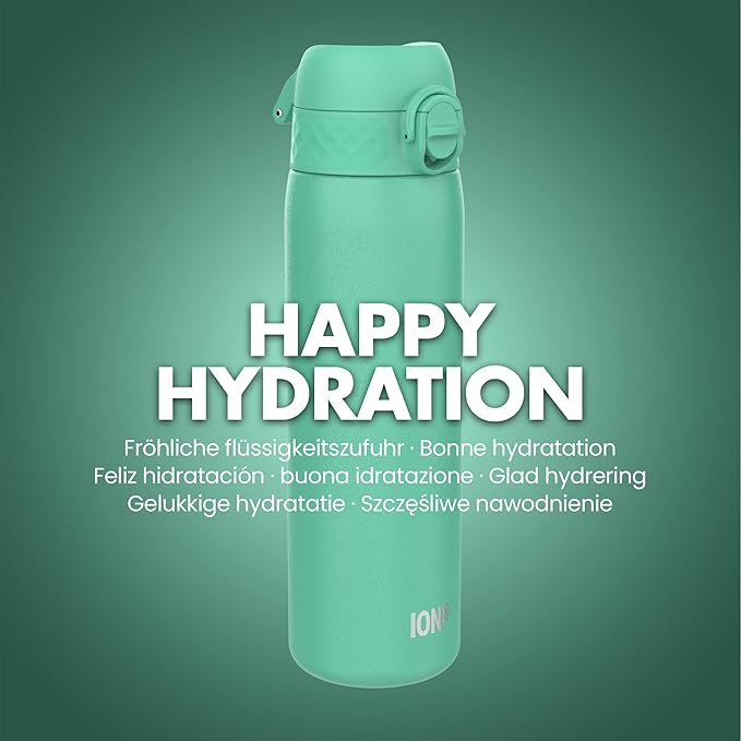 ION8 Steel Water Bottle, 600 ml/20 oz, Leak Proof, Easy to Open, Secure Lock, Dishwasher Safe, Flip Cover, Fits Cup Holders, Carry Handle, Durable, Scratch Resistant, Carbon Neutral, Teal Green