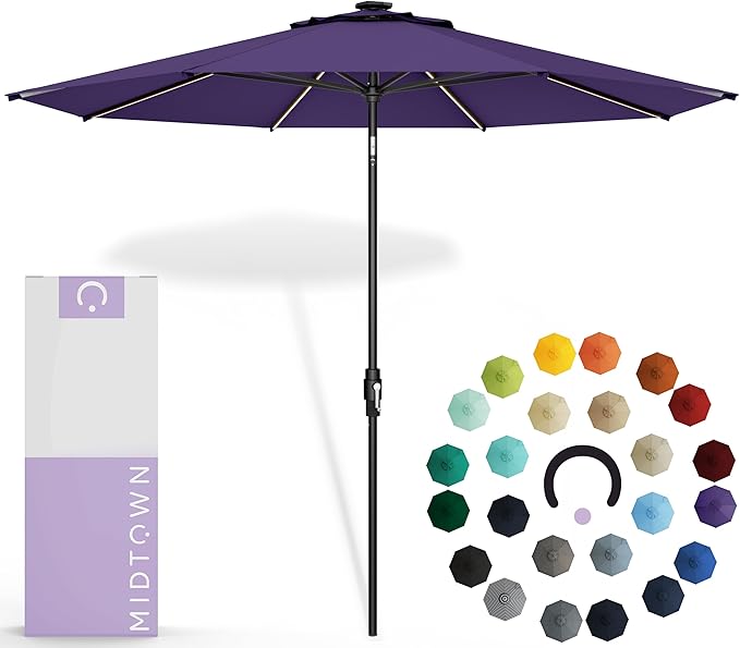 Midtown Umbrellas Led Swilt Sunbrella Umbrella, 8 Foot Patio Umbrella In Sunbrella Bengali Purple Acrylic Fabric - Deck Patio Umbrella, Backyard Umbrella, Garden Umbrella & Pool Umbrella - Black Pole