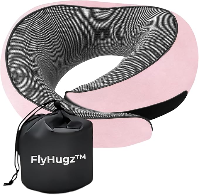 FlyHugz™ Neck Travel Pillow | Memory Foam Neck Pillow for Comfort on Airplane | Compact and Ergonomic Design for Travel, Car Rides, and Home Use | Ideal for Adults and Kids (Pink)