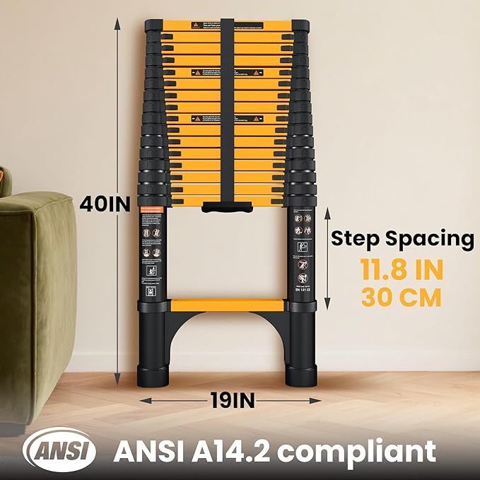 16.5 FT Telescoping Ladder with 11.8" Step Spacing, ANSI Certified, Type I Heavy Duty, 330lbs Max Capacity, Aluminum Extension Ladder for Home, Roof, RV; Yellow