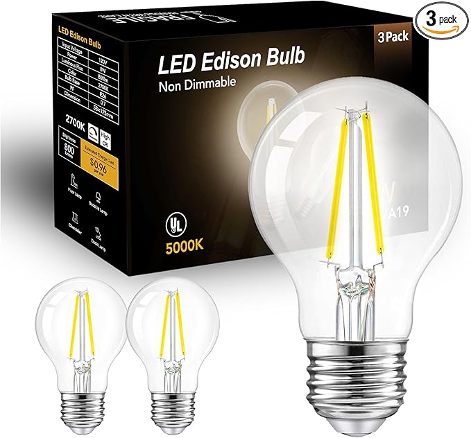 dalattin A19 Vintage LED Edison Bulbs, 60W Equivalent Light Bulbs, 5000K Daylight White, Clear Glass Filament Bulb, Efficient 8W, E26 Base, 800 LM, CRI80+, Non-Dimmable for Home, Farmhouse, 3 Pack