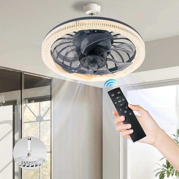 Light Socket Fan with Remote,12.2''Socket Modern Flush Mount Low Profile Ceiling Fan,Screw in Socket Fan Light with Dimmable Brightness and Color Temp,for Bedroom,Small Living Room Kitchen