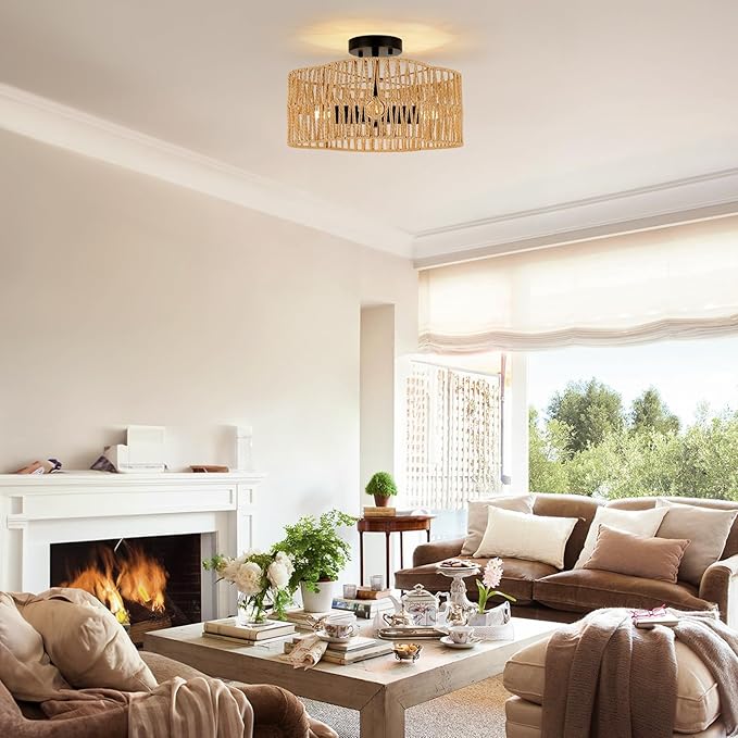 Boho Light Fixtures Ceiling Mount, 4-Light Farmhouse Rattan Ceiling Light Fixture, Semi Flush Mount Ceiling Light with Hand-Woven Shade, Modern Chandelier for Living Bedroom Kitchen Nursery