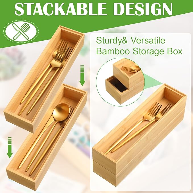 Kigley 8 Pieces Bamboo Drawer Organizer Kitchen Utensils Wooden Utensil Stackable Wooden Storage Box Bamboo Silverware Tray for Drawer(12 x 3 x 2 Inch,Wood)