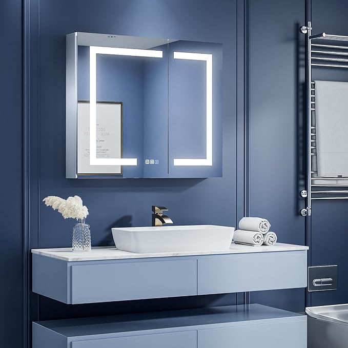 ExBrite LED Lighted Bathroom Medicine Cabinet with Mirror, 30 x 26 Inch, Recessed or Surface Mount, Anti-Fog, Stepless Dimming, Color Temperature Change, Built-in 6000K Sensor Light, Storage Shelves