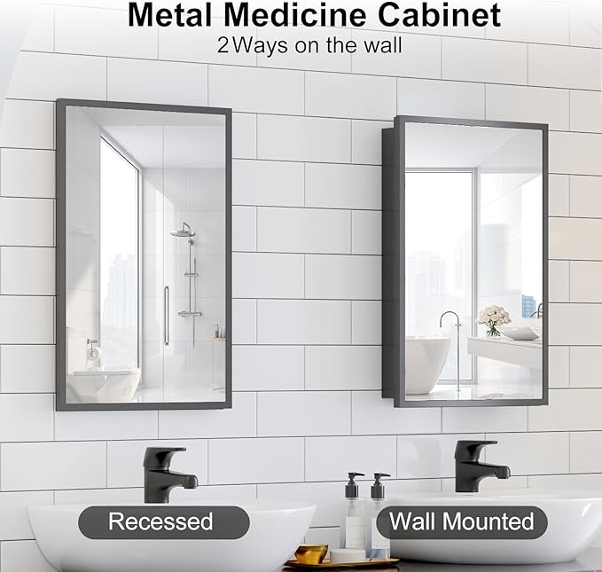Metal Recessed Medicine Cabinets for Bathroom Medicine Cabinet with Mirror,Medicine Cabinet Wall Mounted,Bathroom Cabinet with Mirror,Adjust Shelves Mirrored Cabinets with Storage 16x26