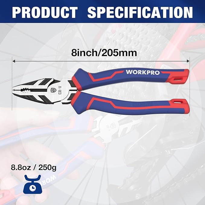WORKPRO 8" Linesman PRO Screw Extractor Pliers(Combination Pliers) with Unique Non-slip Jaws, Stripped Screw Remover Tool, Lineman Plier for Quickly Removal of Damaged or Rusted Fasteners