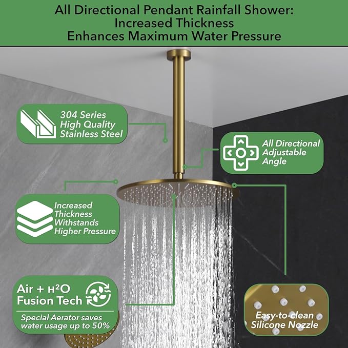 VANFOXLE Thermostatic Shower Faucet Set Brushed Gold Shower System,Push Button Diverter Shower Faucet with 2 in 1 Handheld,Ceiling Mount Increased Thickness 12 Inch Shower Head with 6 Inch Shower Head