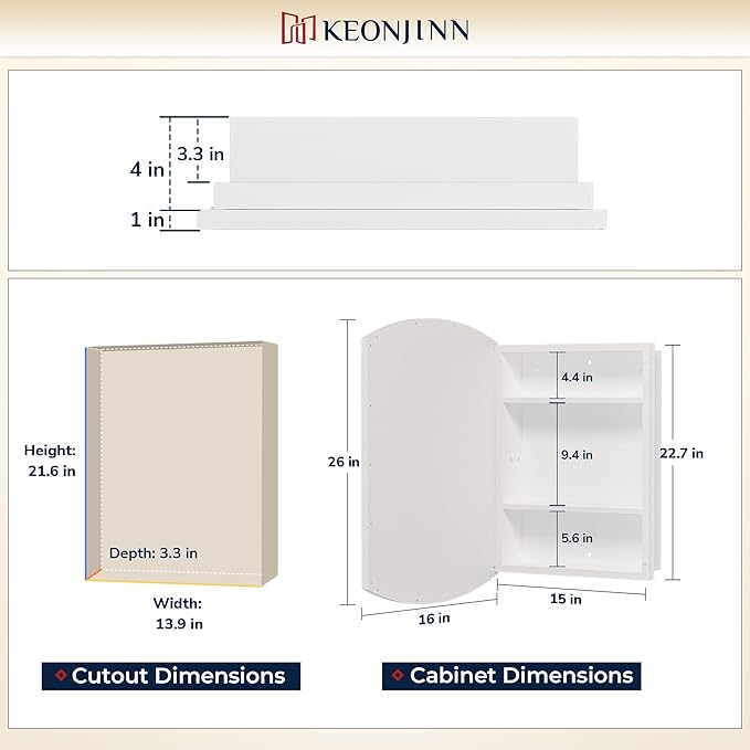 Keonjinn Medicine Cabinet 16 x 26 Inch, Surface Mount or Recessed Cabinets with Mirrors, White Metal Framed Wall Mirror with Storage, 2 Adjustable Shelves, Beveled Edge Frame