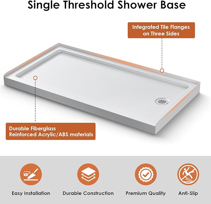 60"x 32" Shower Base, Right Drain Single Threshold Shower Pan with Slip Resistant Textured Surface, Stainless Steel Drain Cover（Right）