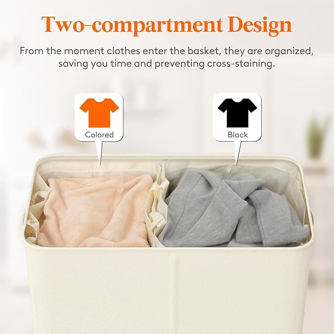 Lifewit Double Laundry Hamper with Lid and Removable Laundry Bags, Large Collapsible 3 Dividers Dirty Clothes Basket with Handles for Bedroom, Laundry Room, Closet, Bathroom, College, 145L White