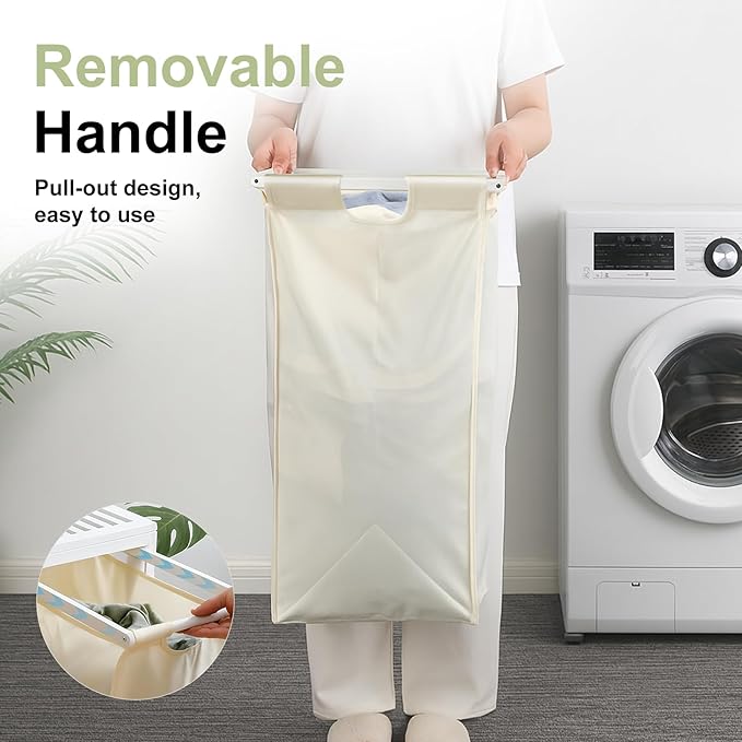 Bamboo Laundry Hamper 3 Section with Lid, 150 L Laundry Sorter with Pull-Out Removable Washable Bags, 3 × 12.5 Gal Divided Laundry Baskets for Laundry Room, Bathroom (White)