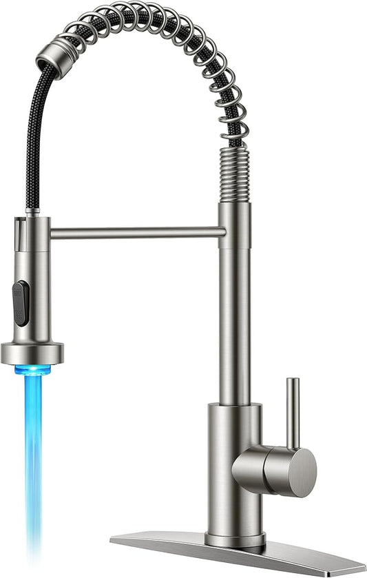 FORIOUS LED Kitchen Faucet with Pull Down Sprayer, Brushed Nickel Modern Single Handle Stainless Steel Commercial Spring Sink Faucet with LED Light for Pot Filler, Farmhouse Camper Bar Laundry Room