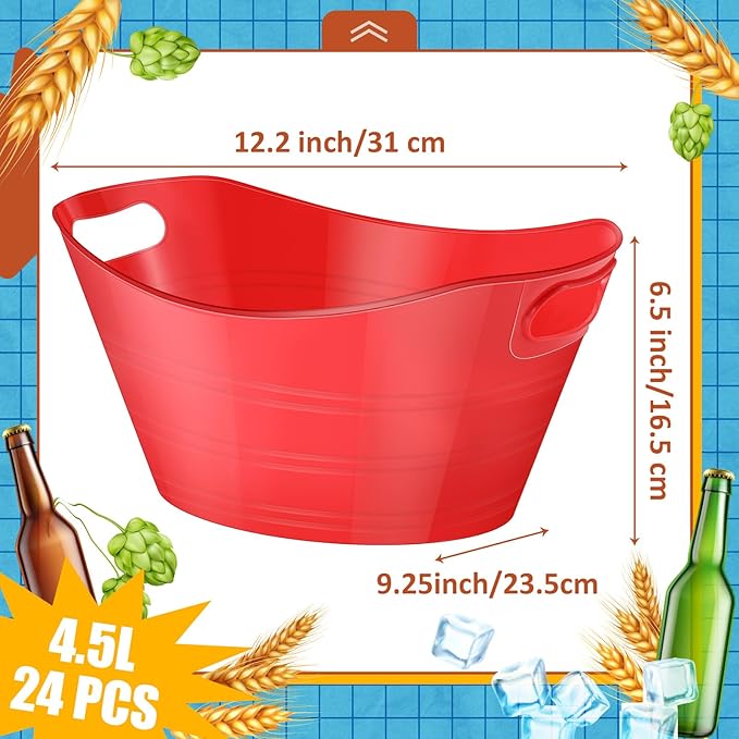 Norme 24 Pcs Oval Storage Tub with Handles, 4.5L Plastic Ice Bucket Wine Beer Champagne Bottle Drink Cooler Tub for Parties Beverage, Storage Basket (Red)