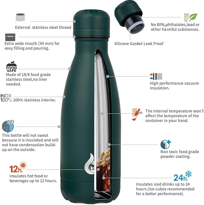BJPKPK 12oz Stainless Steel Water Bottles Insulated Water Bottle Travel Sports Water Bottles,Army Green