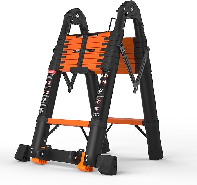 16.5 FT Telescoping A Frame Ladder, 8 Step, ANSI Certified, Type I Heavy Duty, 330lbs Max Capacity, Aluminum Extension Ladder for Home, Roof, RV; Orange