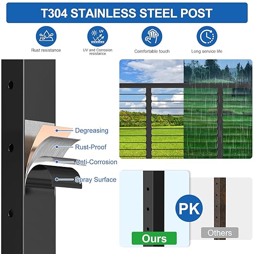 4-12ft Complete Set 36" Cable Railing Post Kits, Stainless Steel Black Level Drilled Line Posts(35"x2"x2")2 Pack, 1/8" Wire Rope with Cutter(No Handrail), Swageless Deck Cable Railing, MY07-LP