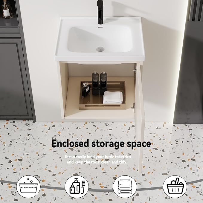 20'' Bathroom Vanity with Ceramic Sink Combo, Wall Mounted Small Bathroom Vanity with Soft-Close Door Modern Floating Cabinet, Pop-up Drain, P-Trap Included, Khaki(No Faucet)