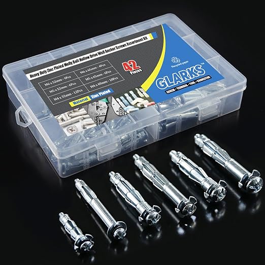 Glarks 42Pcs 6 Size Heavy Duty Zinc Plated Steel Molly Bolt Hollow Drive Wall Anchor Screws Assortment Kit for Drywall, Plaster and Tile