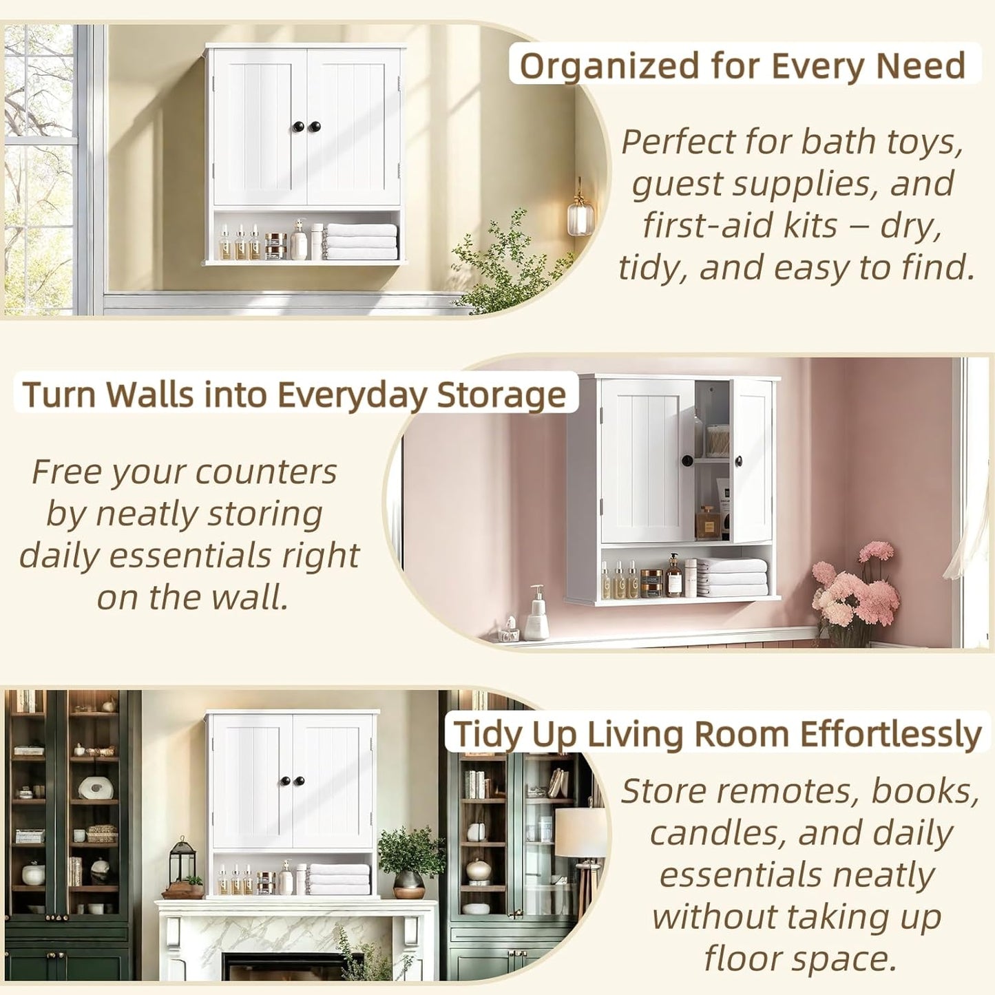 White Bathroom Cabinet Wall-Mounted, Storage Cabinets with Adjustable Shelves, Space-Saving Organizer with 2 Doors for Bathroom, Laundry, Kitchen - Moisture Resistant & Easy Install