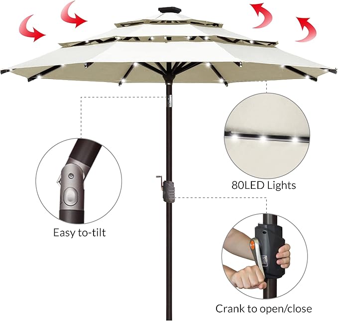 EliteShade USA 10-Year-Non-Fading Solar 9ft 3 Tiers Market Umbrella with 80 LED Lights Patio Umbrellas Outdoor Table with Ventilation,Natural