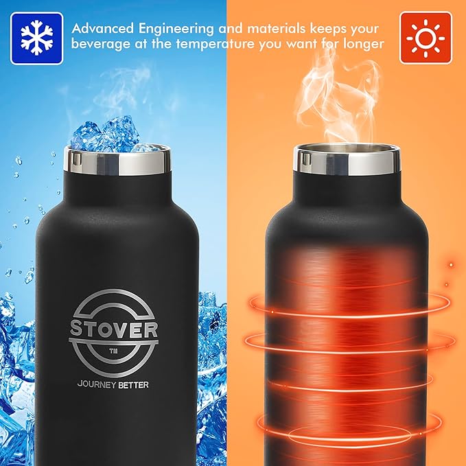 STOVER Insulated Water Bottle, 16oz Stainless Steel Double Wall Vacuum Wide Mouth Leakproof Twist Lid, Ideal for Sports, Travel & Daily Use (Black)