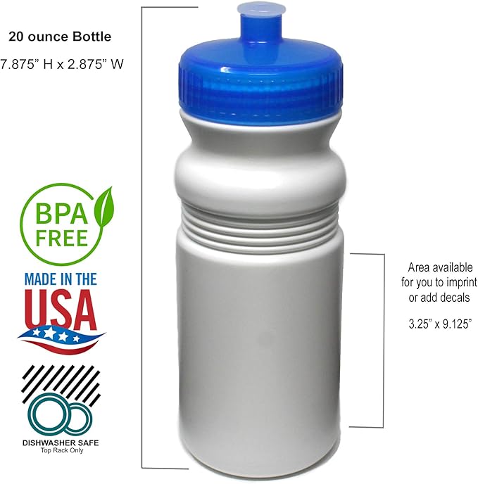 Rolling Sands 20 Ounce Sports Water Bottles 24 Pack, BPA-Free, Made in USA, Dishwasher Safe, White Bottles/Blue Lids