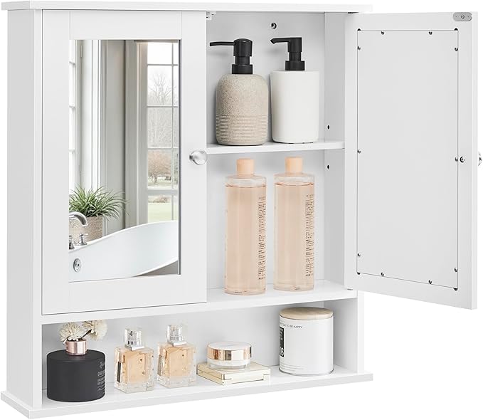 VASAGLE Bathroom Cabinet with Mirror, Wall Cabinet with 2 Mirrored Doors, Adjustable Shelf, Open Compartment, Wall-Mounted, 5.1 x 22.2 x 23 Inches, White ULHC002