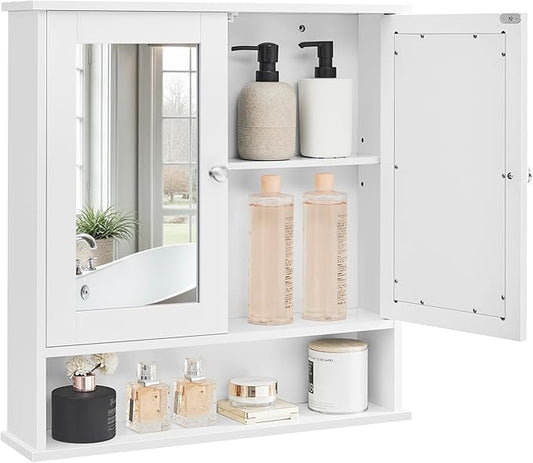 VASAGLE Bathroom Cabinet with Mirror, Wall Cabinet with 2 Mirrored Doors, Adjustable Shelf, Open Compartment, Wall-Mounted, 5.1 x 22.2 x 23 Inches, White ULHC002