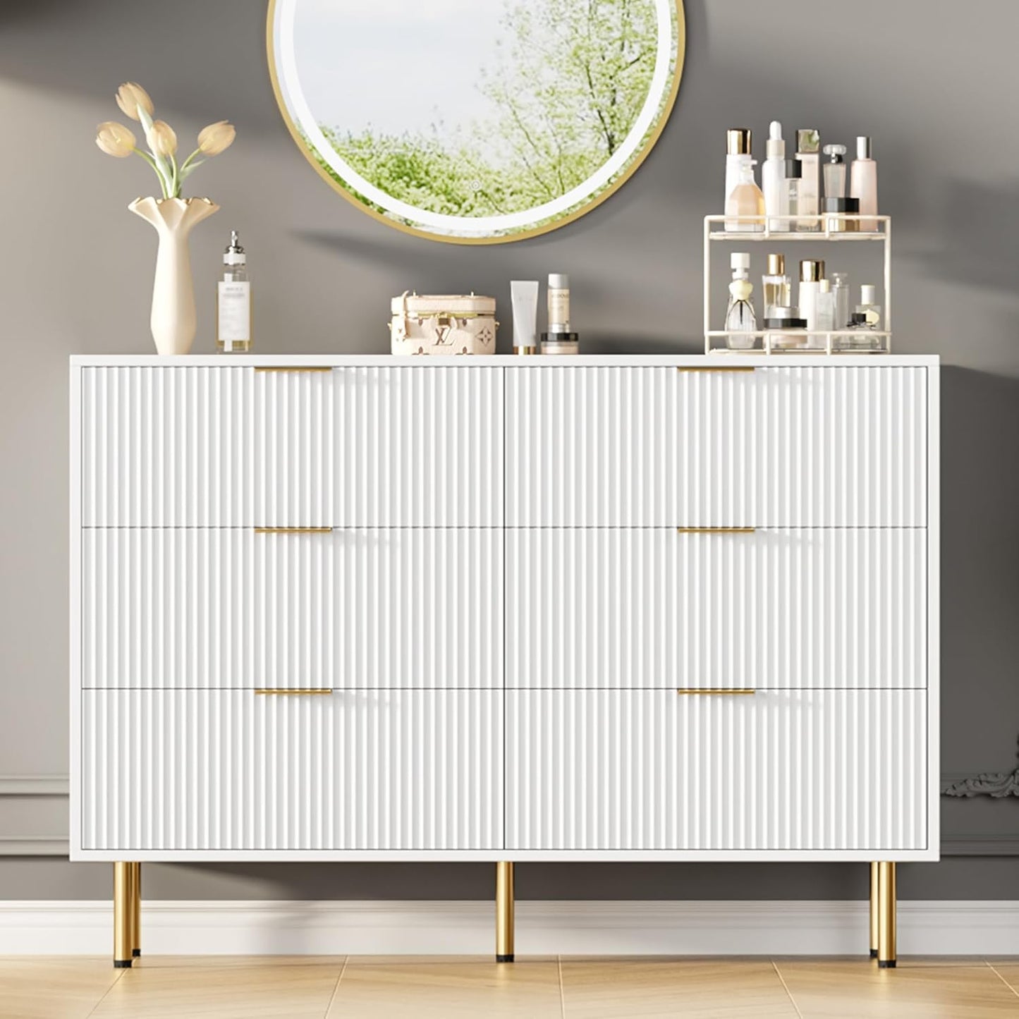 GarveeHome Fluted Wood 6 Drawers Dresser for Bedroom, Large Modern Chest of Drawers, White Dresser with Gold Handle, Wood Drawer Organizer for Bedroom, Living Room, Hallway, Entryway