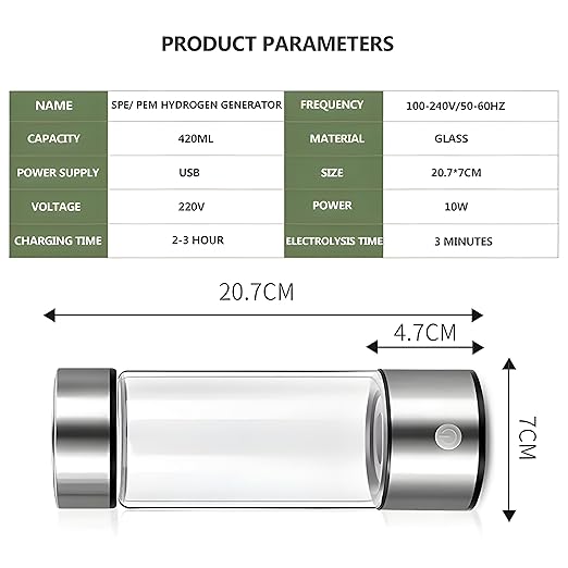 H2 Rich Hydrogen Generator Glass Water Thermos Bottle | Portable Ionizer Machine with Quick Electrolysis | 420ml Capacity, SPE/PEM Technology | Ideal for Home, Travel, Exercise, and Gifting