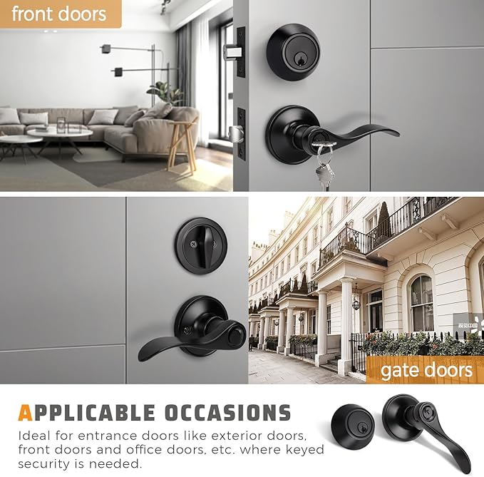 KNOBWELL 4 Pack Keyed Alike Door Lever Handle with Single Cylinder Deadbolt, Matte Black Exterior Doorknob Handleset with Deadbolt, Keyed Entry Front Door Entry Lever Lockset
