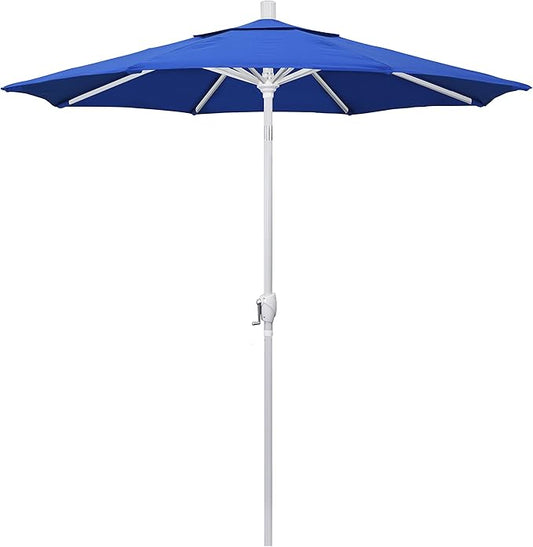 California Umbrella 7.5' Round Aluminum Market Umbrella, Crank Lift, Push Button Tilt, White Pole, Royal Blue Olefin