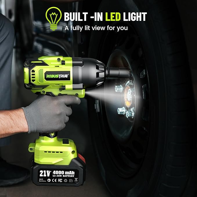 Cordless Impact Wrench, 885Ft-lbs (1200N.m) 1/2" Brushless Impact Gun, 21V High Torque Power Impact Driver, 2x4.0Ah Batteries Electric Impact Motor Variable Speeds for Car/Truck RV/Mower