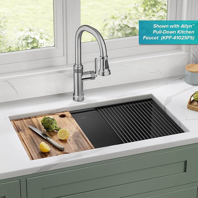 KRAUS Kore Workstation 32-inch Undermount 16 Gauge Stainless Steel Single Bowl Kitchen Sink in Gunmetal Black PVD Finish with Accessories, KWU110-32/PGM