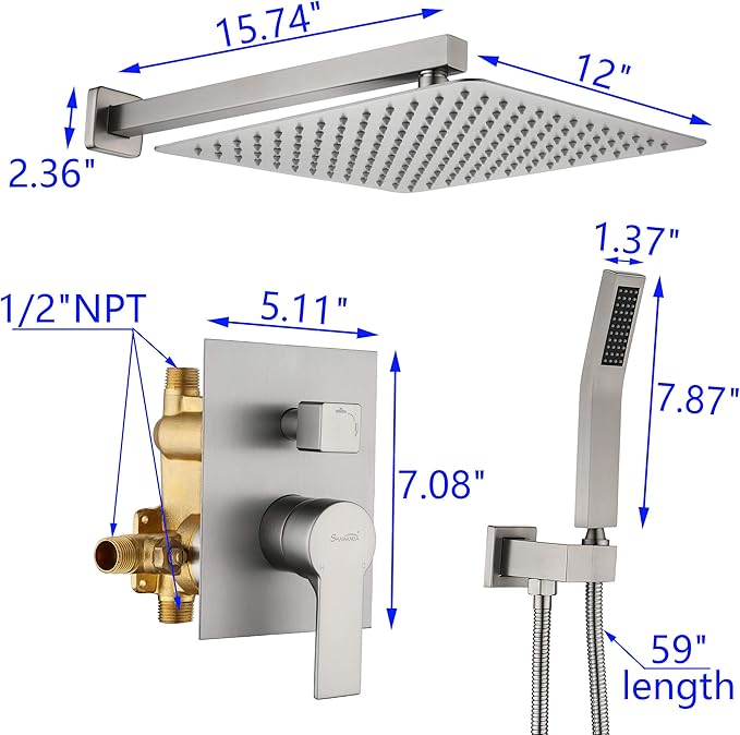 SHAMANDA Bathroom Rain Shower System, 12 Inch Luxuly Shower Head and Handheld Shower Faucet Combo Set Brushed Nickel(Including Rough-In Valve Body and Trim), Wall Mount, L7001-2