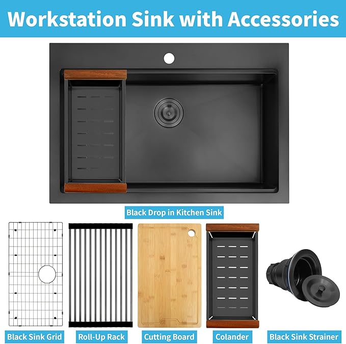 Drop In Black Kitchen Sink 33" X 22",Deep and Large Single Bowl Sinks,16 Gauge Stainless Steel Workstation Sink