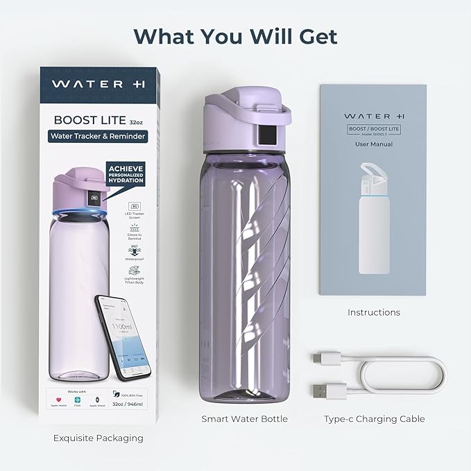 Smart Water Bottle with Reminder to Drink Water, Motivate & Tracking Hydration Water Bottle with App, 32 oz Tritan BPA-Free Plastic Water Bottles for Gym, School, Office - Purple