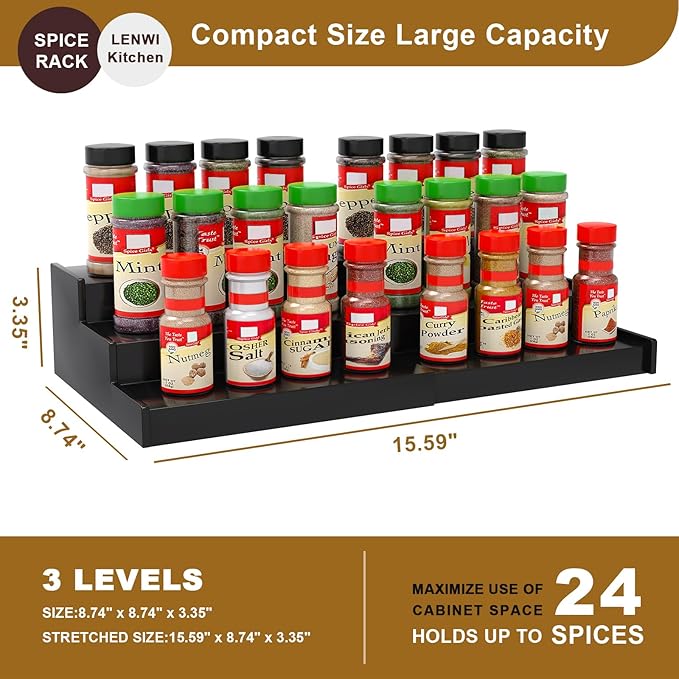 Spice Rack Organizer for Cabinet, 3 Tier Expandable Bamboo Spice Storage, Great for Kitchen Cabinet, Cupboard,Pantry and More(Black)