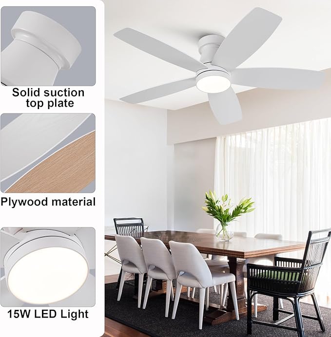 42 inch Ceiling Fans with Lights and Remote,Flush Mount White Ceiling Fan,Memory Fuction Reversible Quiet DC Motor Low Profile Ceiling Fans For Living Room Bedroom Outdoor(White&Natural Wood)