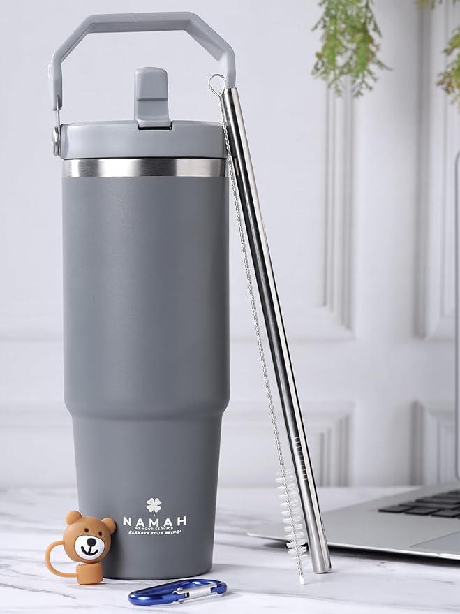 Tumbler with Handle & Extra Cloud LID – 30oz/900ml, Premium 304 Stainless Steel, Insulated Water Bottle, Leak-Proof, Steel Straw, Teddy Straw Cap, Cleaning Brush & Carabiner Hook (Stormy Slate Gray)