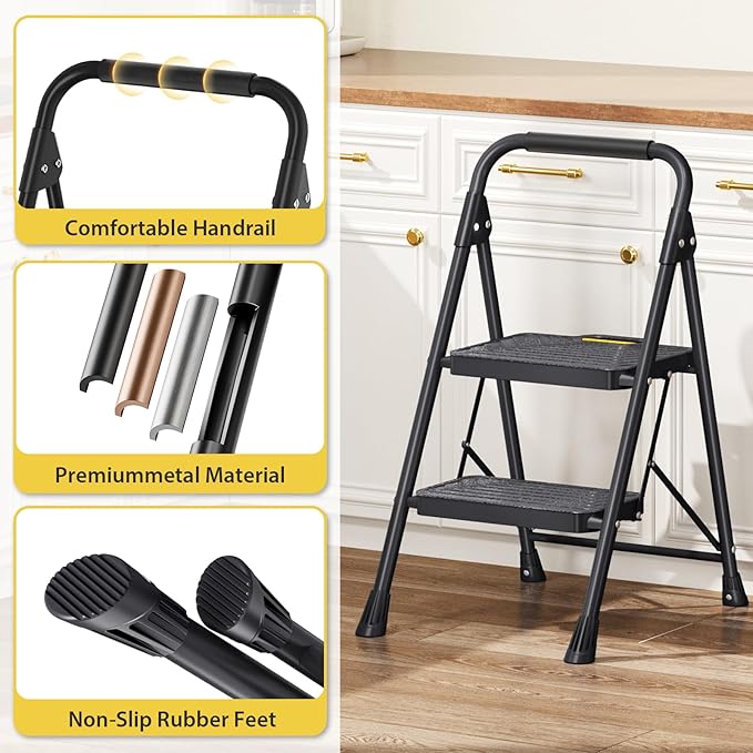KINGRACK 2 Step Ladder, Sturdy Steel Step Stool with Anti-Slip Wide Pedals, Handrail, Safe-Lock Design, Pass 800lbs Load Testing, Folding Portable Ladder for Multi-Purpose, Home, Kitchen, Black