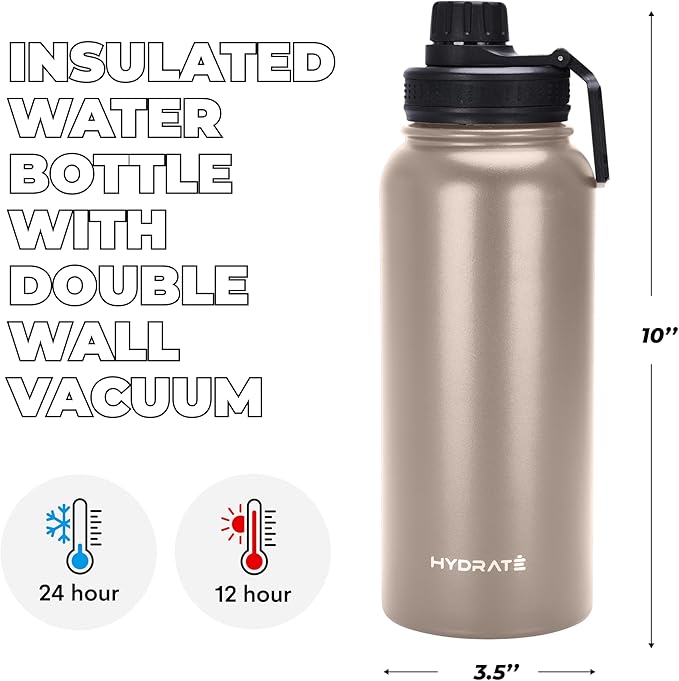 HYDRATE Insulated Stainless Steel Water Bottle - Large Reusable Flask with Leak-Proof Design and Convenient Handle - Double Vacuum Insulation for School, Work, or Adventure