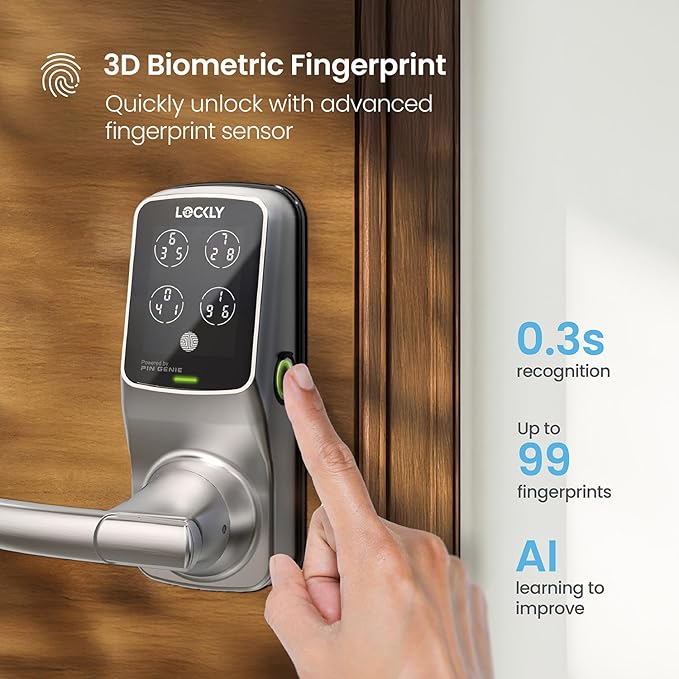 Lockly Secure Plus Bluetooth Smart Door Lock, Keyless Entry with PIN Genie® Digital Keypad, 3D Biometric Fingerprint Sensor Front Door Lock with Handle, Voice Control & Auto Lock - Latch Edition