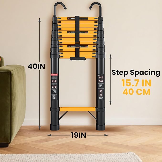 16.5 FT Telescoping Ladder with Hooks, Aluminum Extension Ladder, 330 lbs Load Capacity, Multi-Purpose Collapsible Ladder for Home and Work; Yellow
