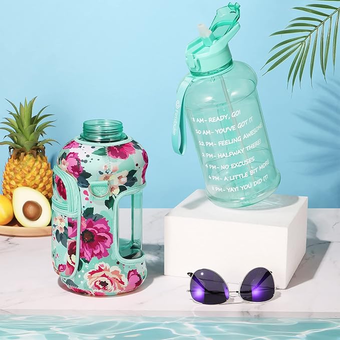 Fimibuke Half Gallon Water Bottle with Sleeve 64 OZ Water Bottle with Handle & Straw Leakproof Motivational Sports Gym Water Bottle with Time Marker BPA Free Water Jug with Reusable Neoprene Holder