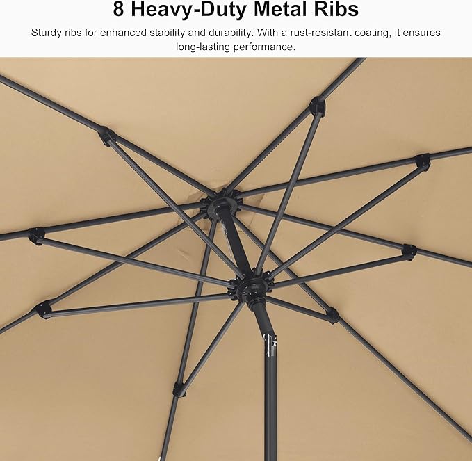 PURPLE LEAF 9' x 6' Rectangular Patio Umbrella Outdoor Table Umbrella Aluminum Frame Market Umbrella Sun Umbrella with 8 Sturdy Ribs & Tilt for Garden Deck Lawn & Pool Beige