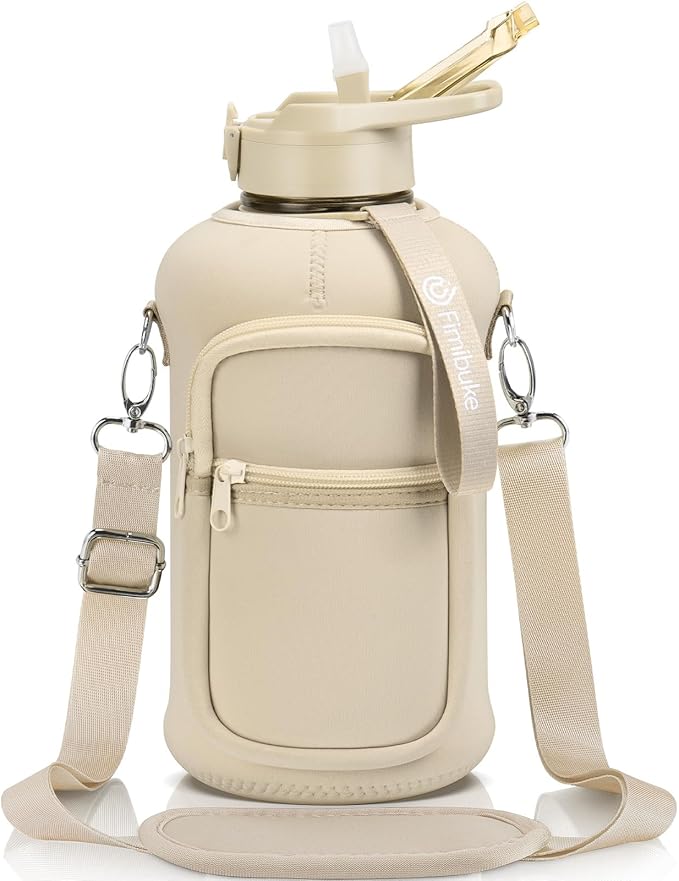 Fimibuke Half Gallon Water Bottle with Sleeve 64 OZ Water Bottle with Handle & Straw Leakproof Motivational Sports Gym Water Bottle with Time Marker BPA Free Water Jug with Reusable Neoprene Holder