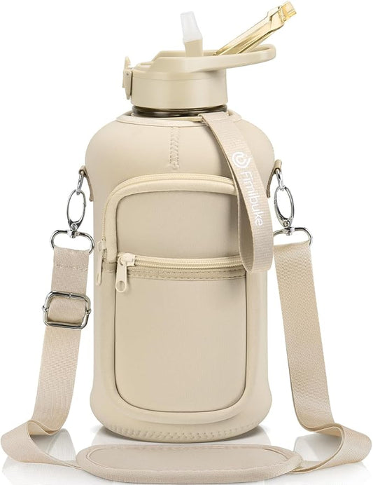 Fimibuke Half Gallon Water Bottle with Sleeve 64 OZ Water Bottle with Handle & Straw Leakproof Motivational Sports Gym Water Bottle with Time Marker BPA Free Water Jug with Reusable Neoprene Holder