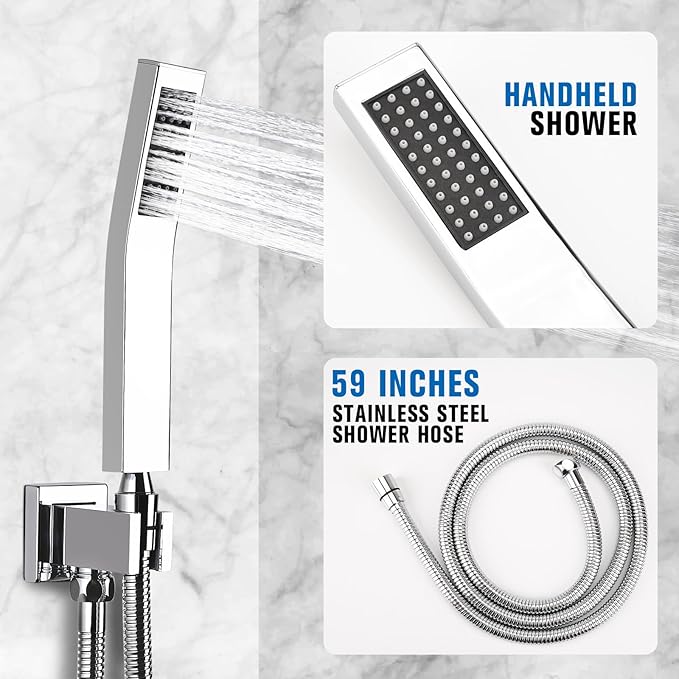 10 Inch Rainfall Shower System with Tub Spout Wall Mounted Complete Combo with Solid Brass Pressure Balancing Valve, High Pressure Shower Head, Handle Set & Installation Accessories Chrome